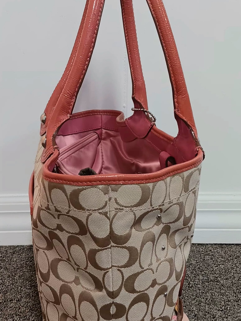 Coach Bleeker Signature Tote with Pink Trim & Floral Appliqués - Picture 3 of 9